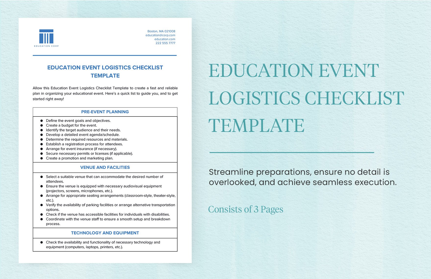 Education Event Logistics Checklist Template in Word, Google Docs, PDF