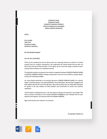 Free Food Product Proposal Letter Template Word Google