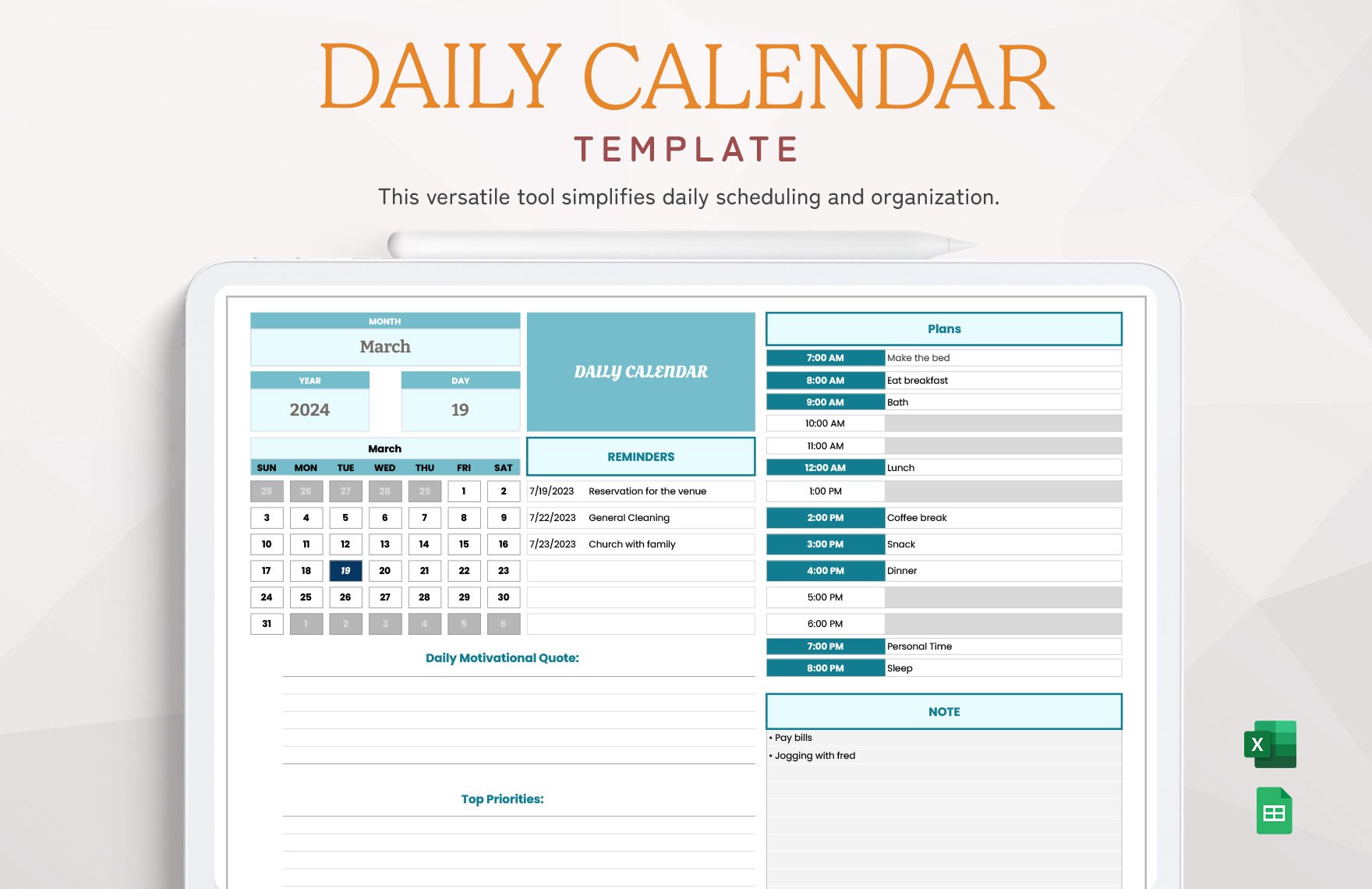 Daily Calendar Template in Excel, Google Sheets