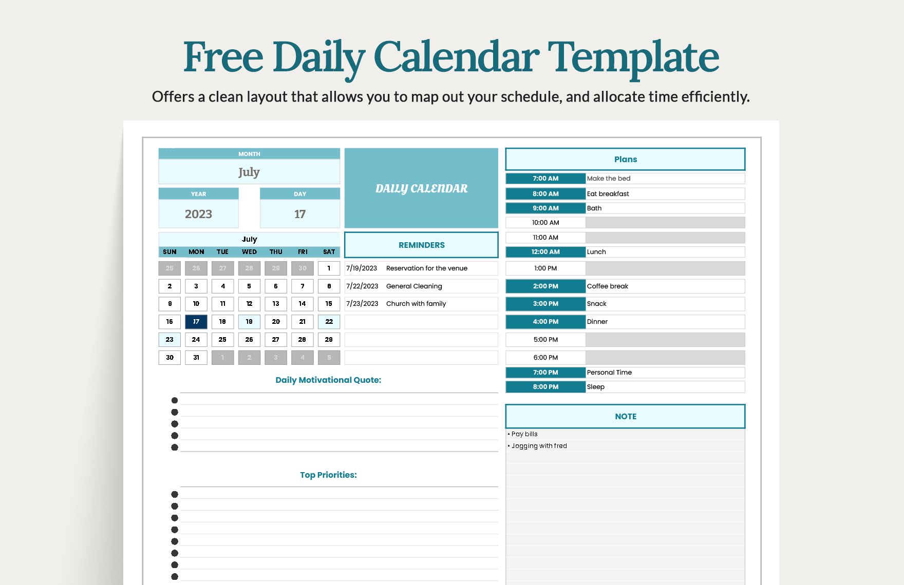 Daily Calendar Template