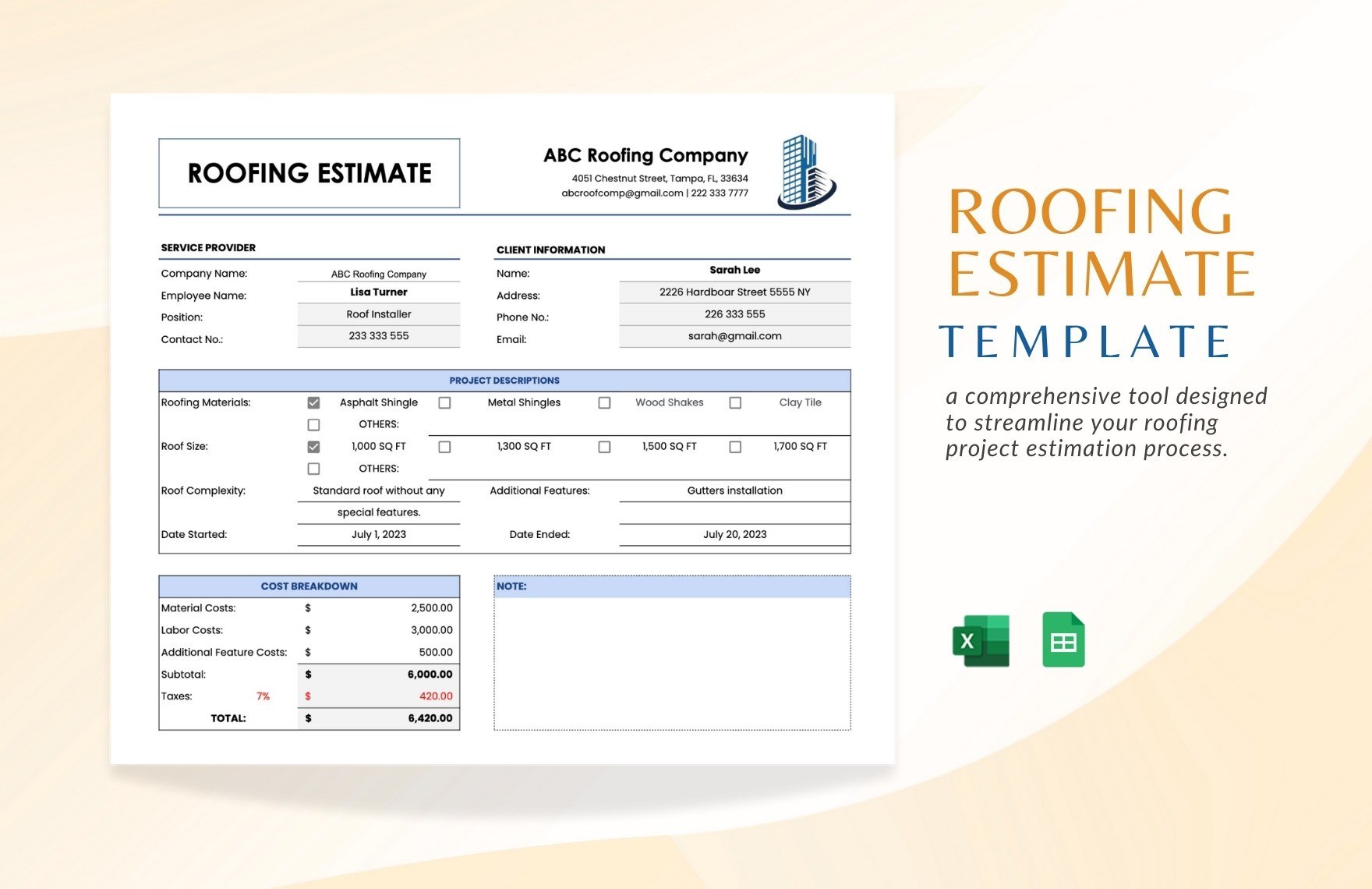 Roofing Estimate Template in Excel, Google Sheets