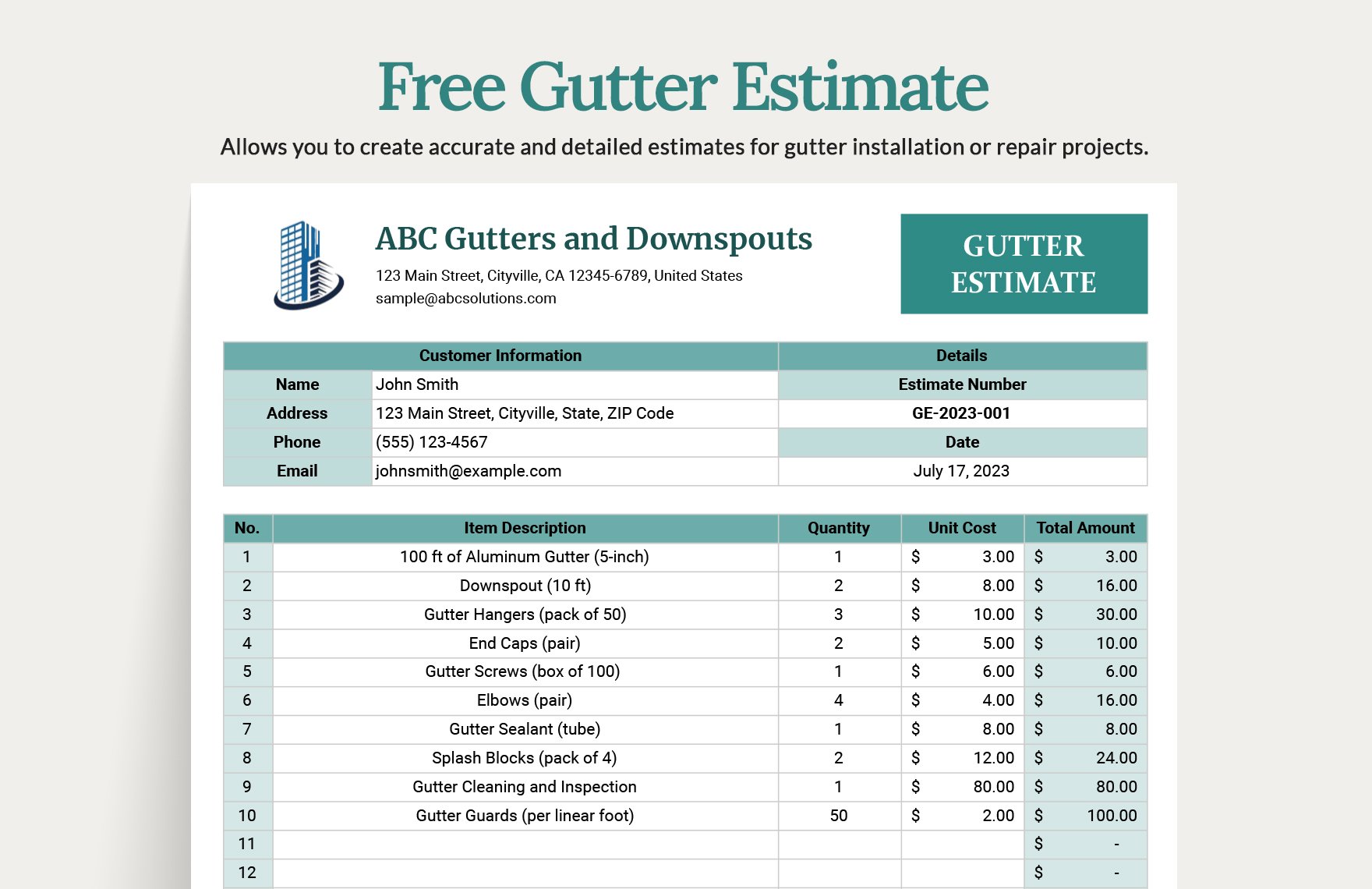 Gutter Estimate Template in MS Excel Google Sheets Download