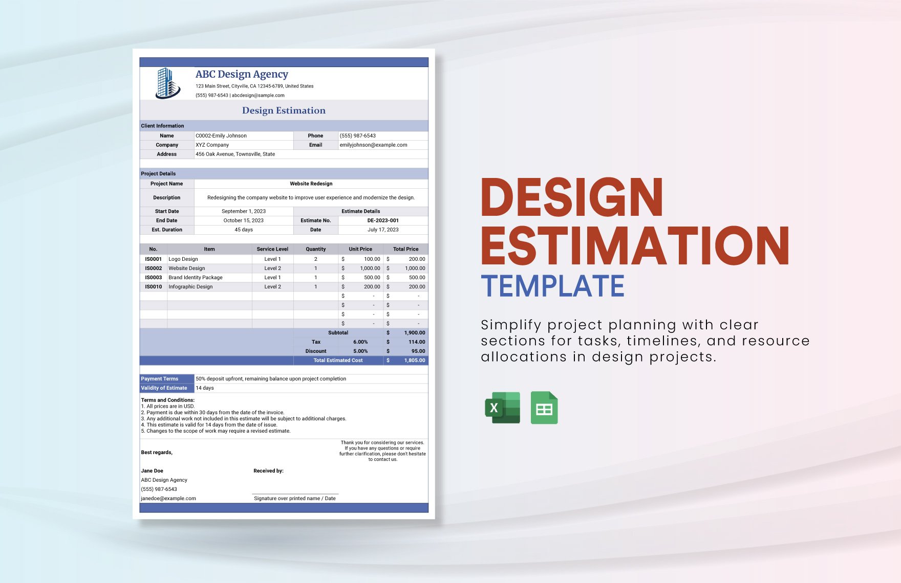 Design Estimation Template in Excel, Google Sheets
