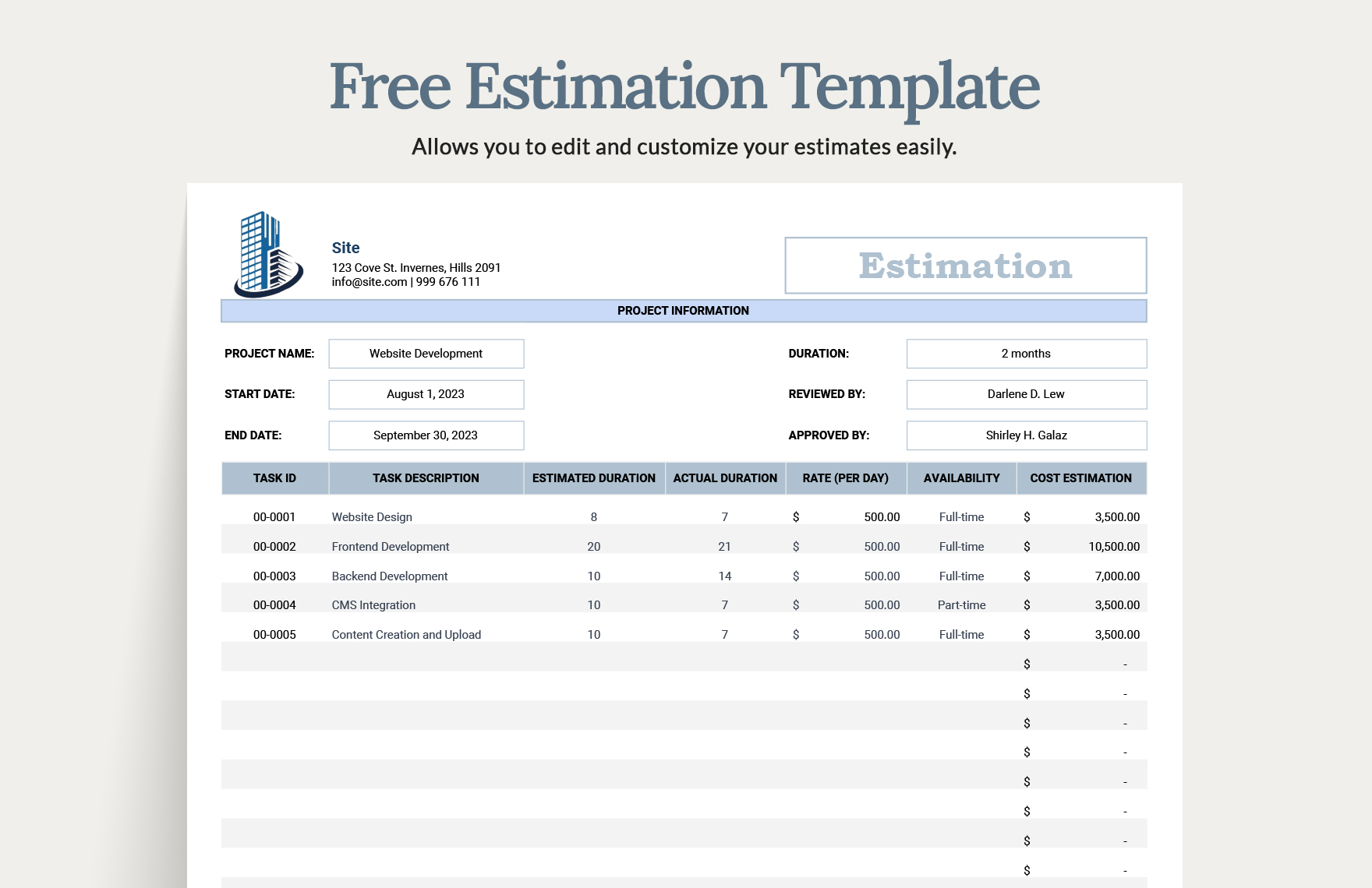 Free Estimation Template in Excel, Google Sheets