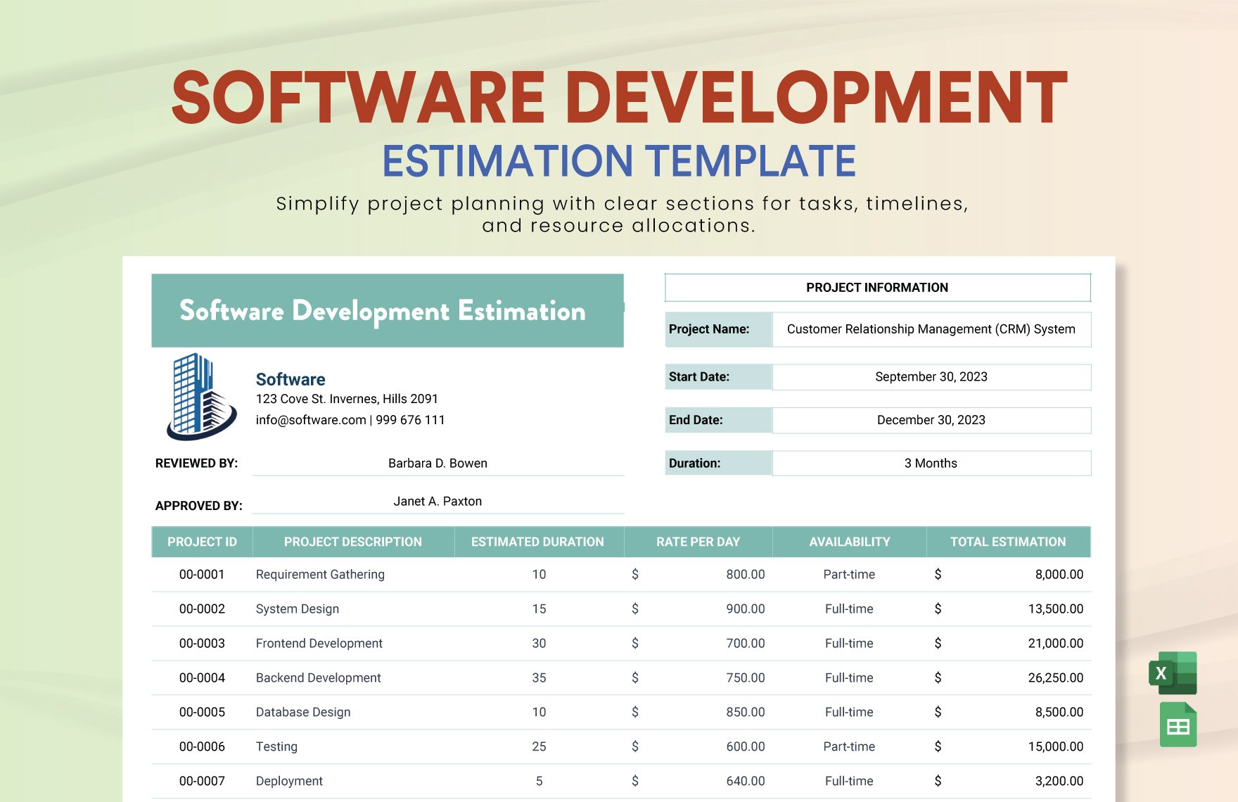 Software Development Estimation Template in Excel, Google Sheets