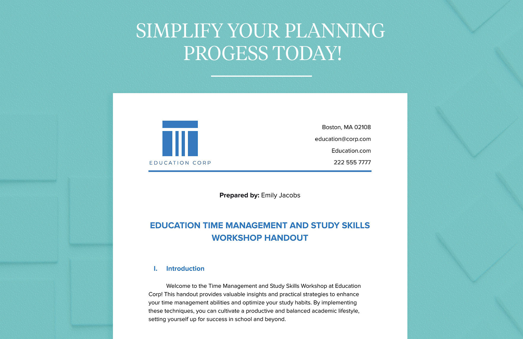 Education Time Management and Study Skills Workshop Handout