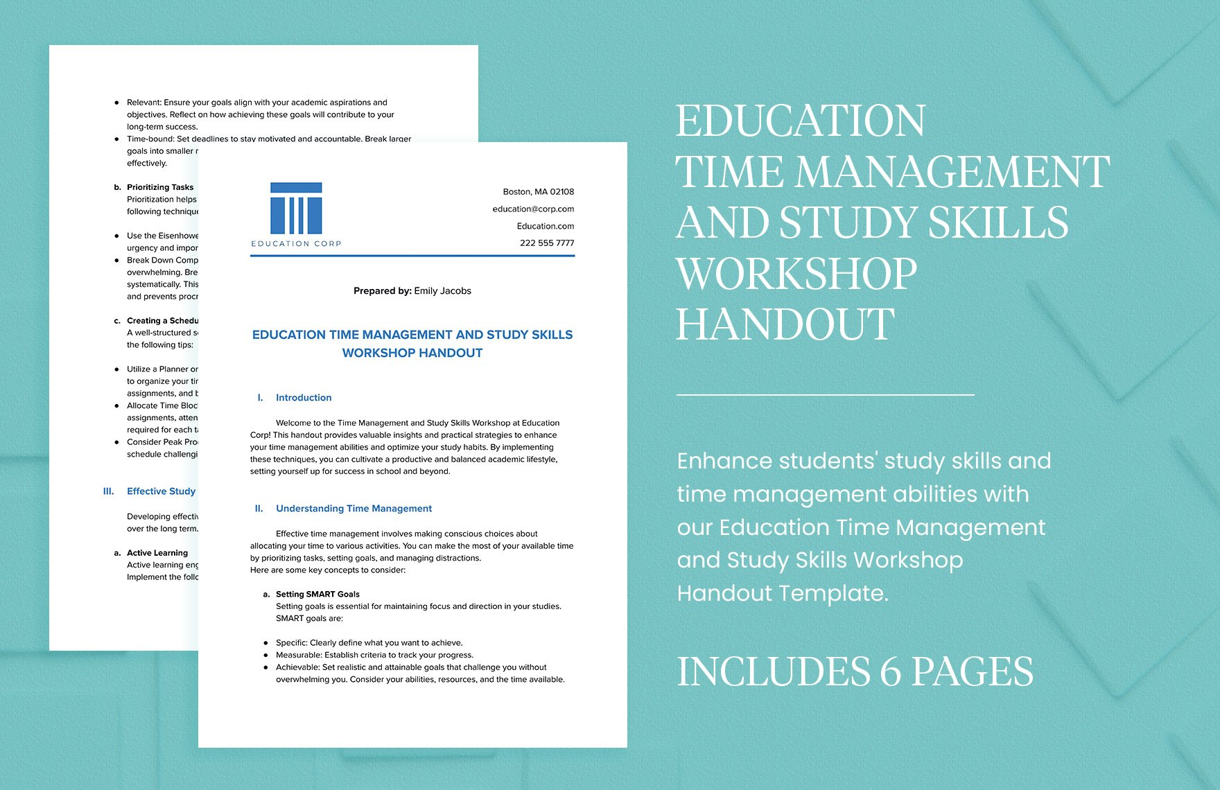 Education Time Management and Study Skills Workshop Handout in Word, Google Docs, PDF