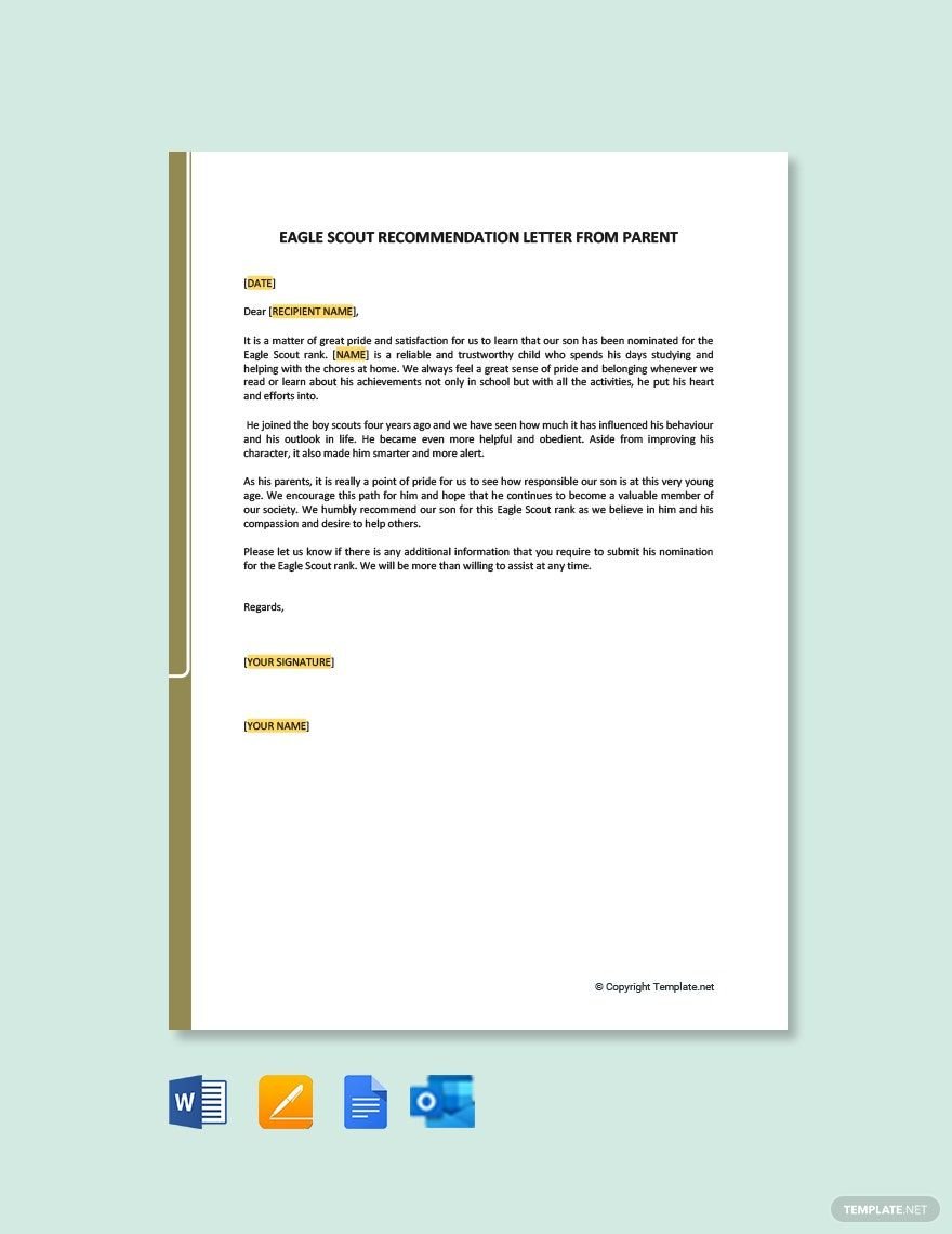 Eagle Scout Recommendation Letter from Parent Template