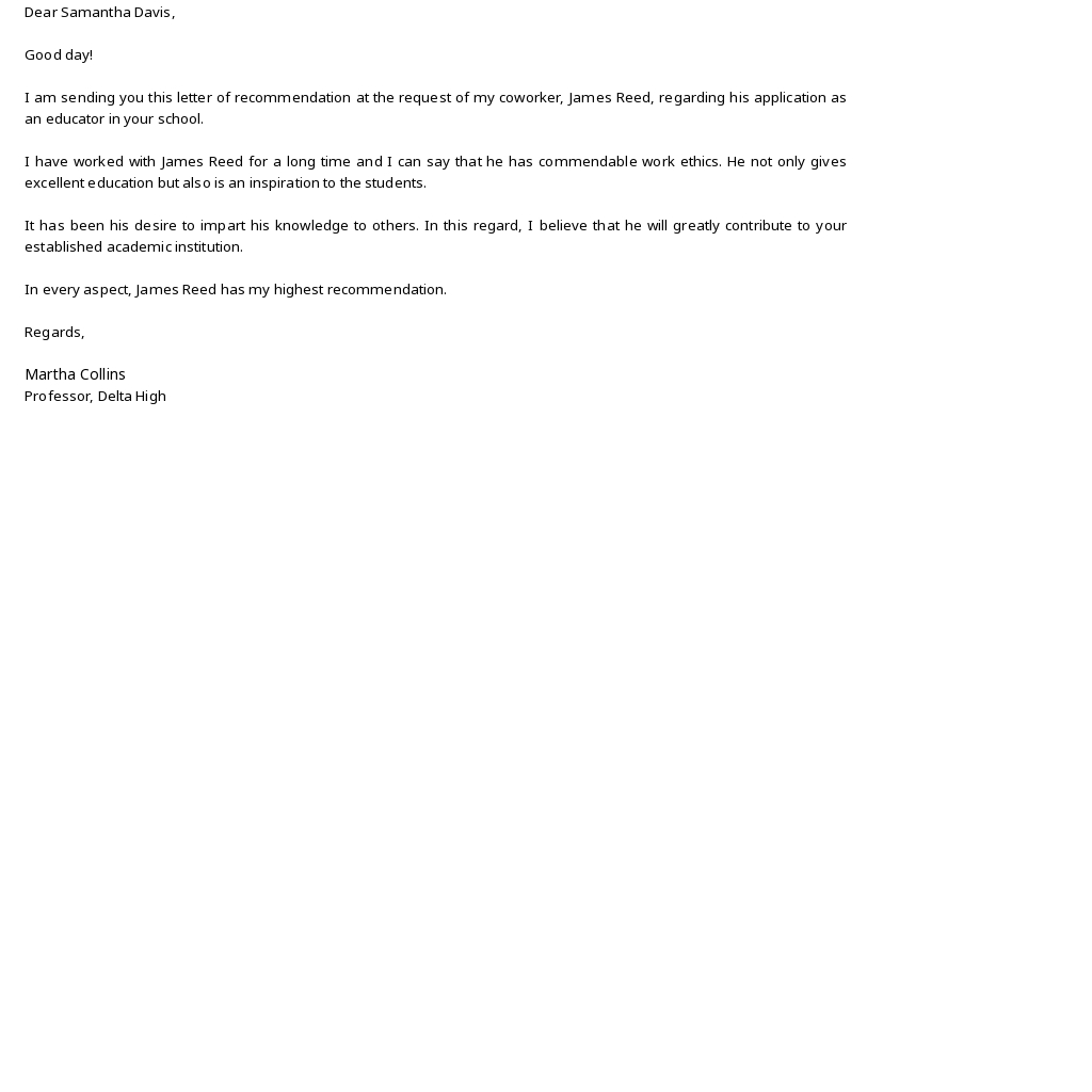 Letter of Recommendation for Coworker for School Template - Google Docs, Word, Apple Pages