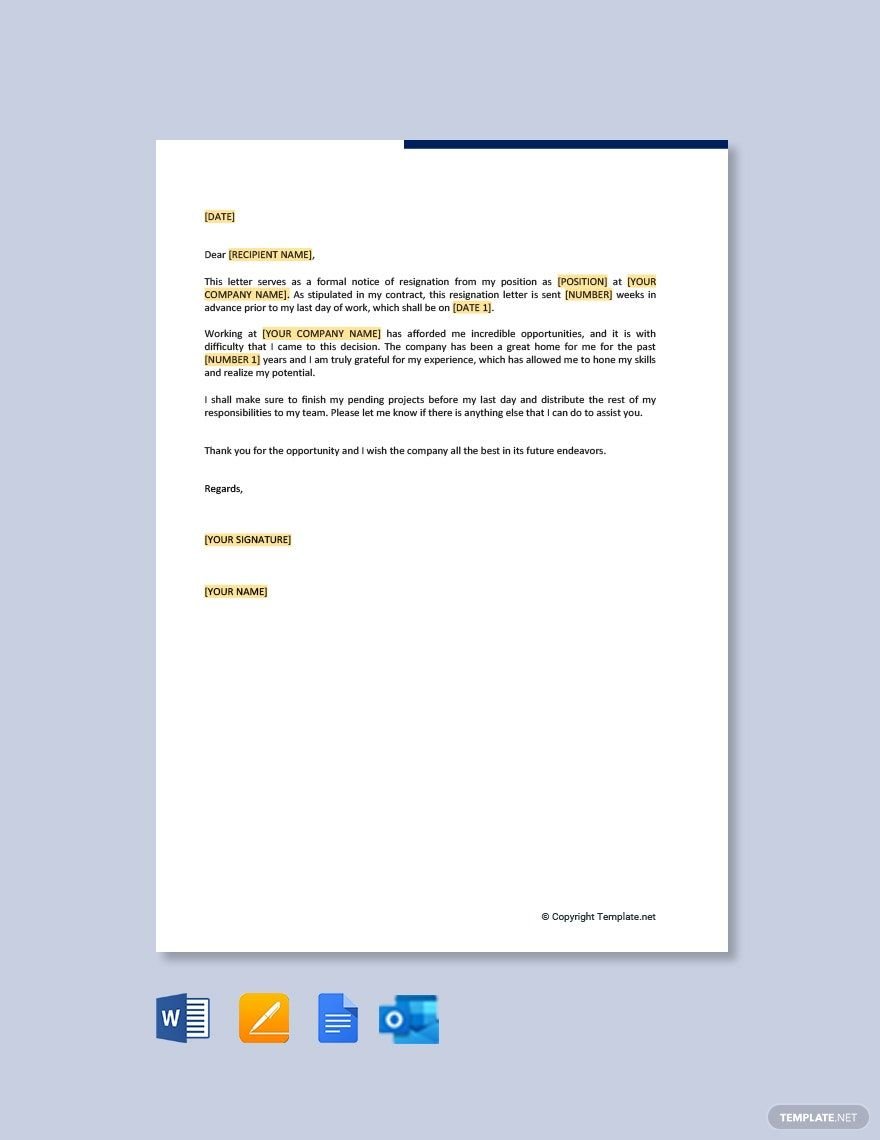 Formal Resignation Letter with Notice Period in Word, Google Docs, PDF, Apple Pages, Outlook
