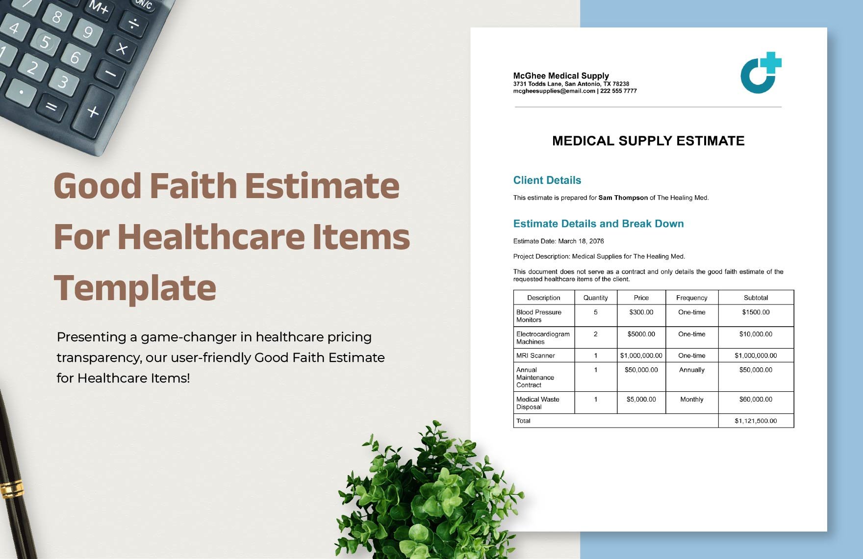 Good Faith Estimate for Healthcare Items Template