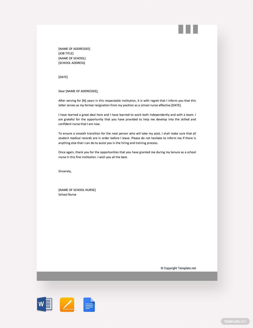 Resignation Letter Going Back To School In Word Pages Outlook Google   School Nurse Resignation Letter 1 