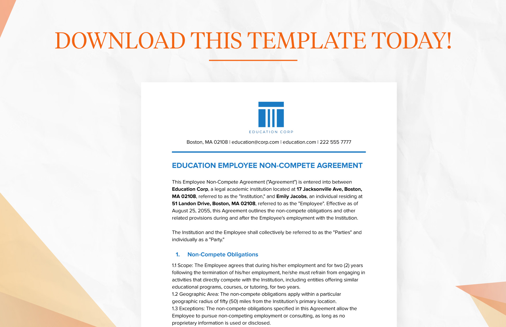 Education Employee Non-Compete Agreement Template