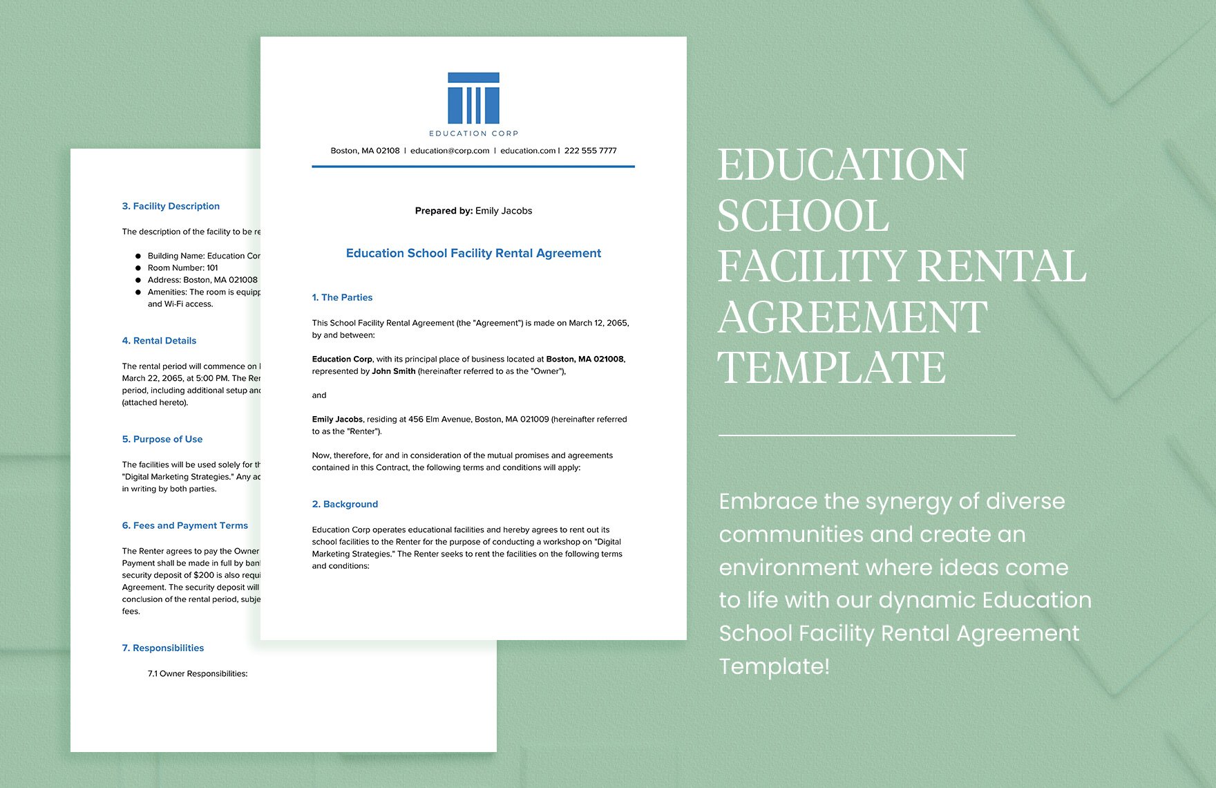 Education School Facility Rental Agreement Template in Word, Google Docs, PDF