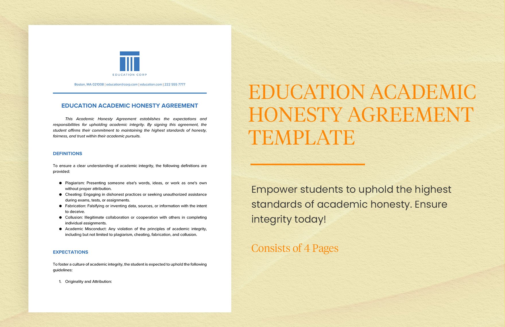 Education Academic Honesty Agreement Template