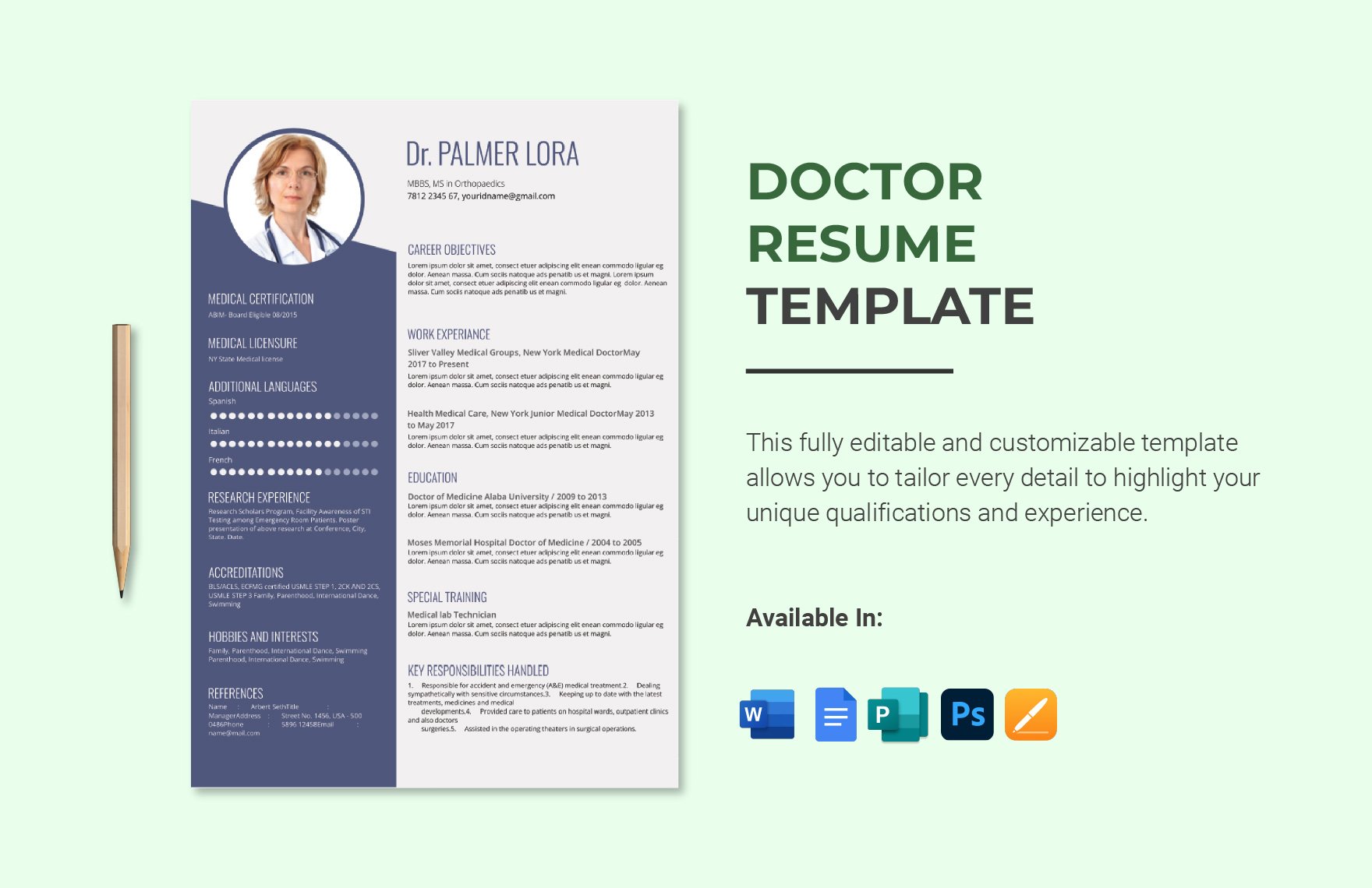 Doctor Resume in Word, Google Docs, PSD, Apple Pages, Publisher
