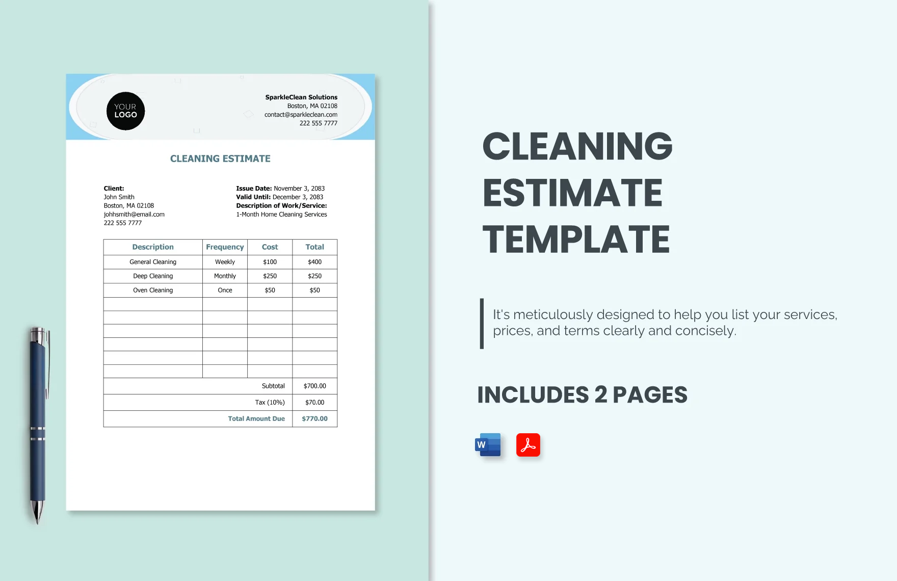 Free Cleaning Estimate Template in Word, Google Docs, PDF