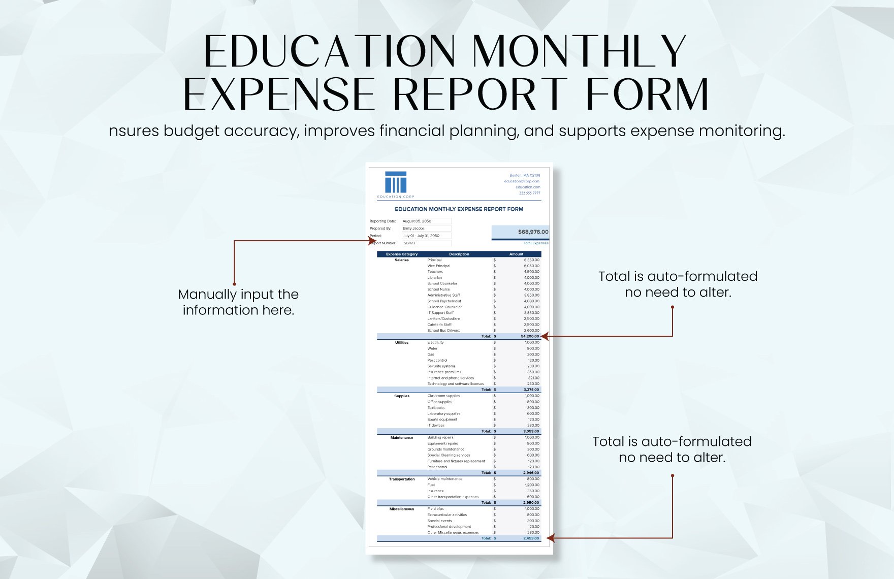 Education Monthly Expense Report Form Template