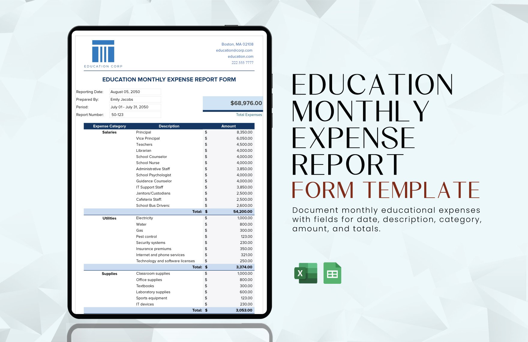 Education Monthly Expense Report Form Template in Excel, Google Sheets