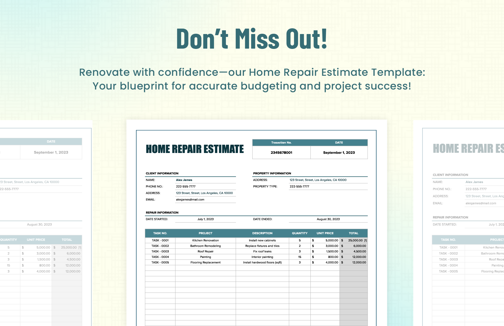 Home Repair Estimate Template in Excel, Google Sheets - Download ...