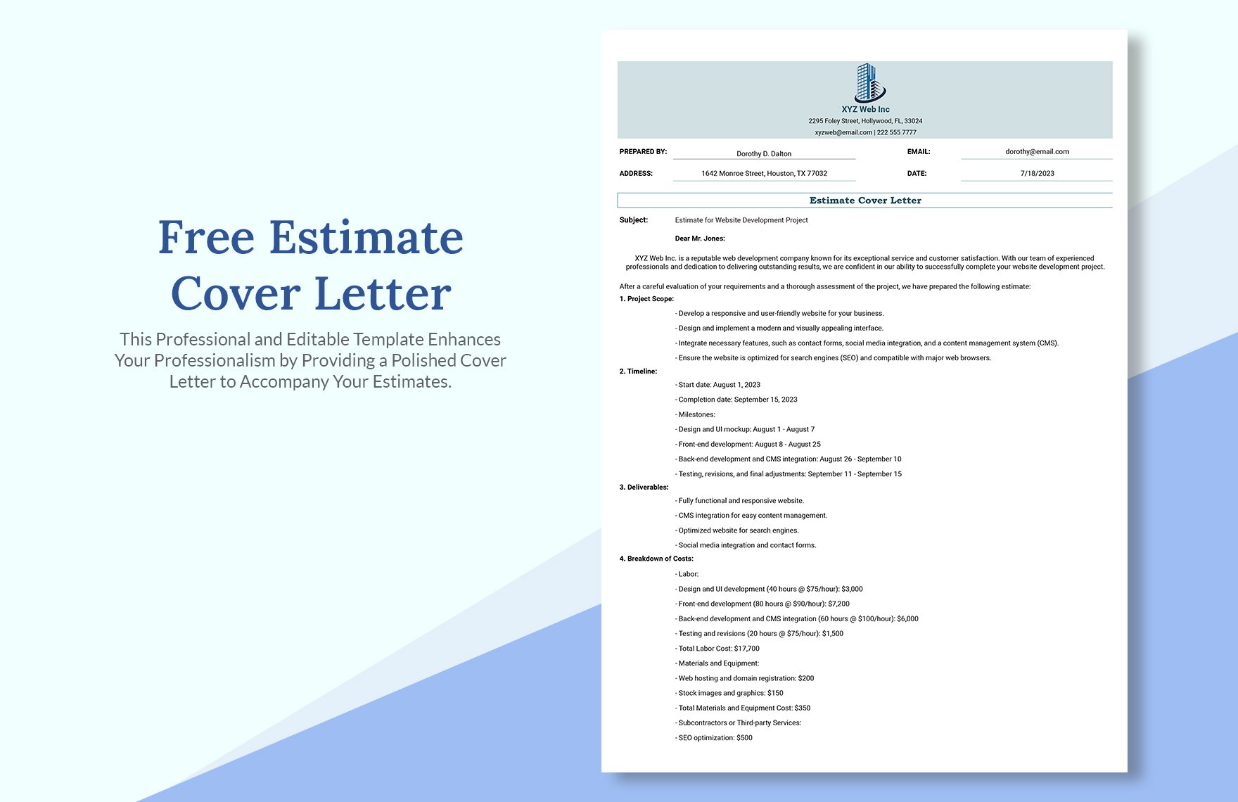 Free Estimate Cover Letter Template in Excel, Google Sheets