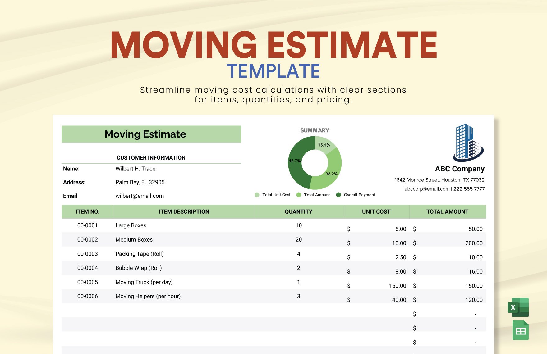 Free Moving Estimate Template in Excel, Google Sheets