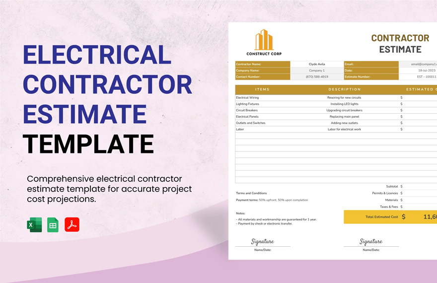 Electrical Contractor Estimate Template in Excel, PDF, Google Sheets