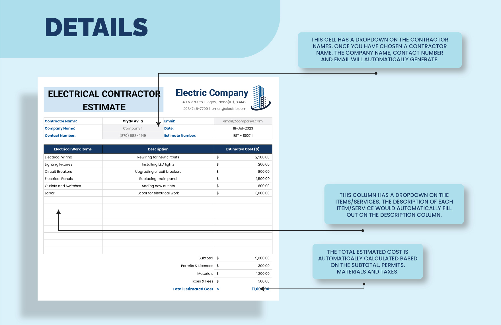 Electrical Contractor Estimate Template Download in Excel Google