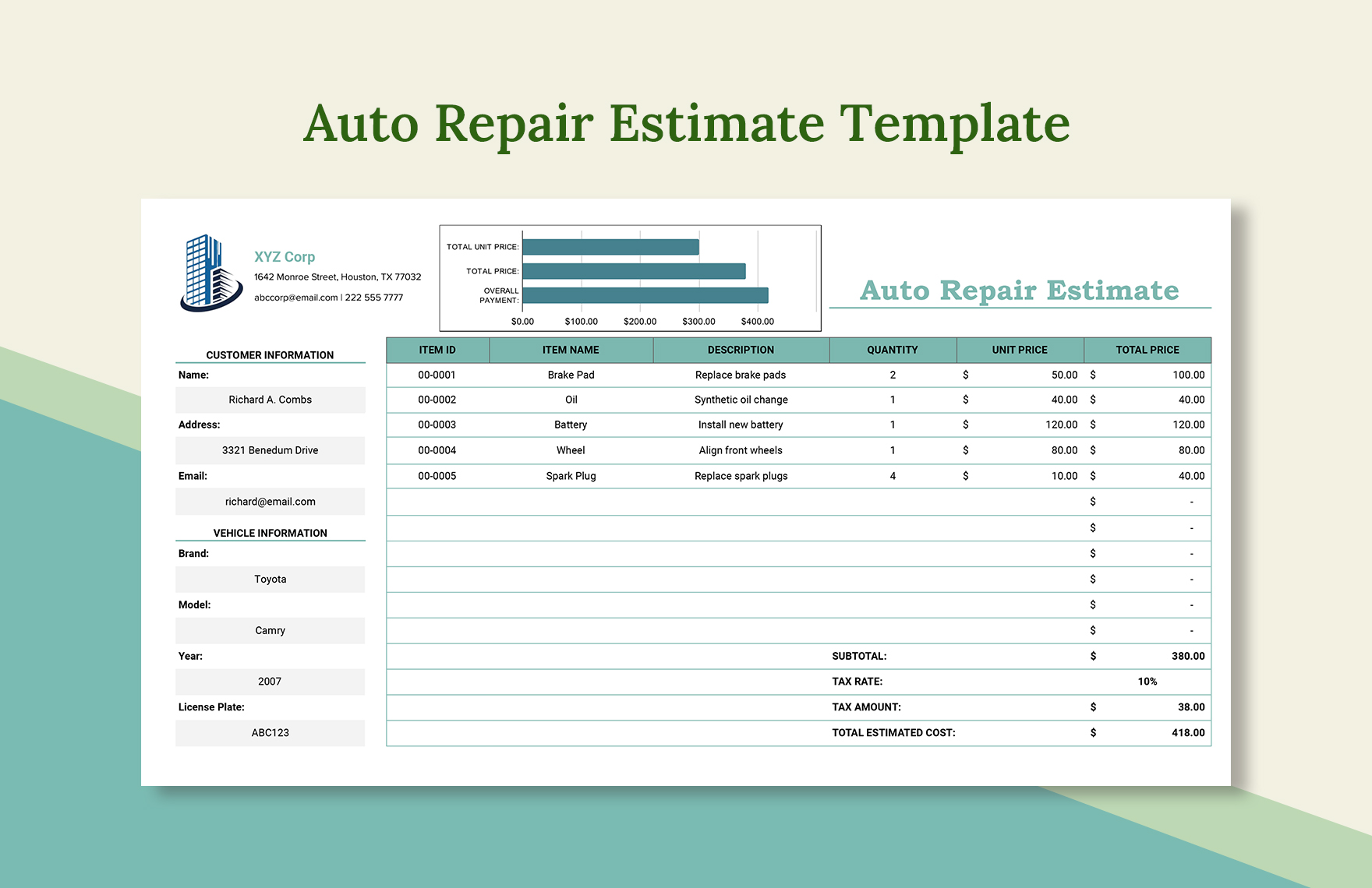 Auto Repair Estimate Template - Auto Repair Estimate Template A88se