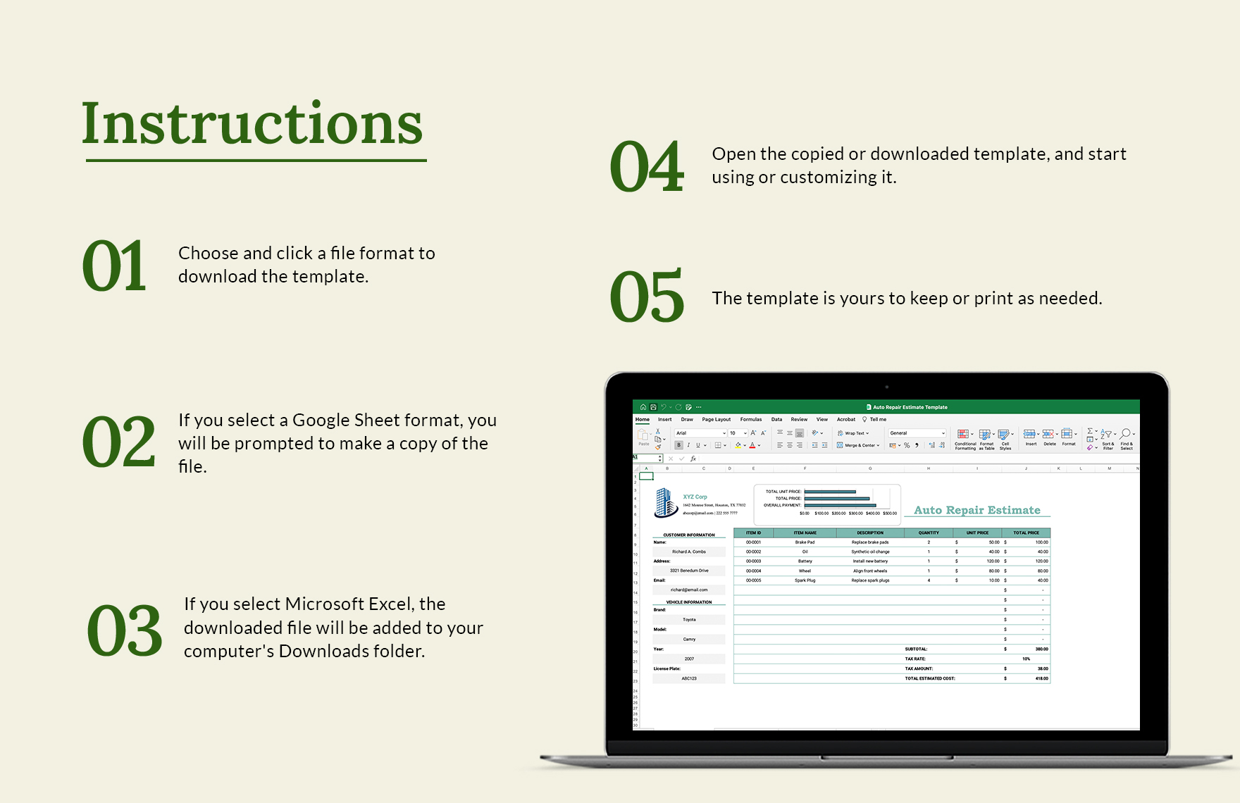Auto Repair Estimate Template Download in Excel Google Sheets