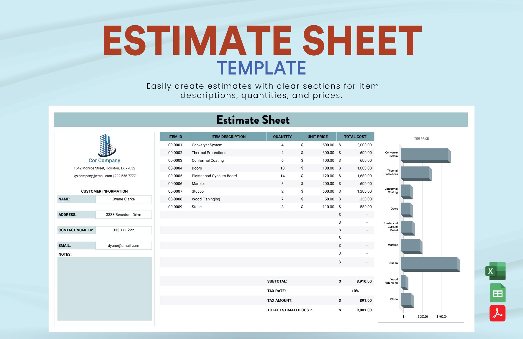 Estimate Sheet Template in Excel, PDF, Google Sheets