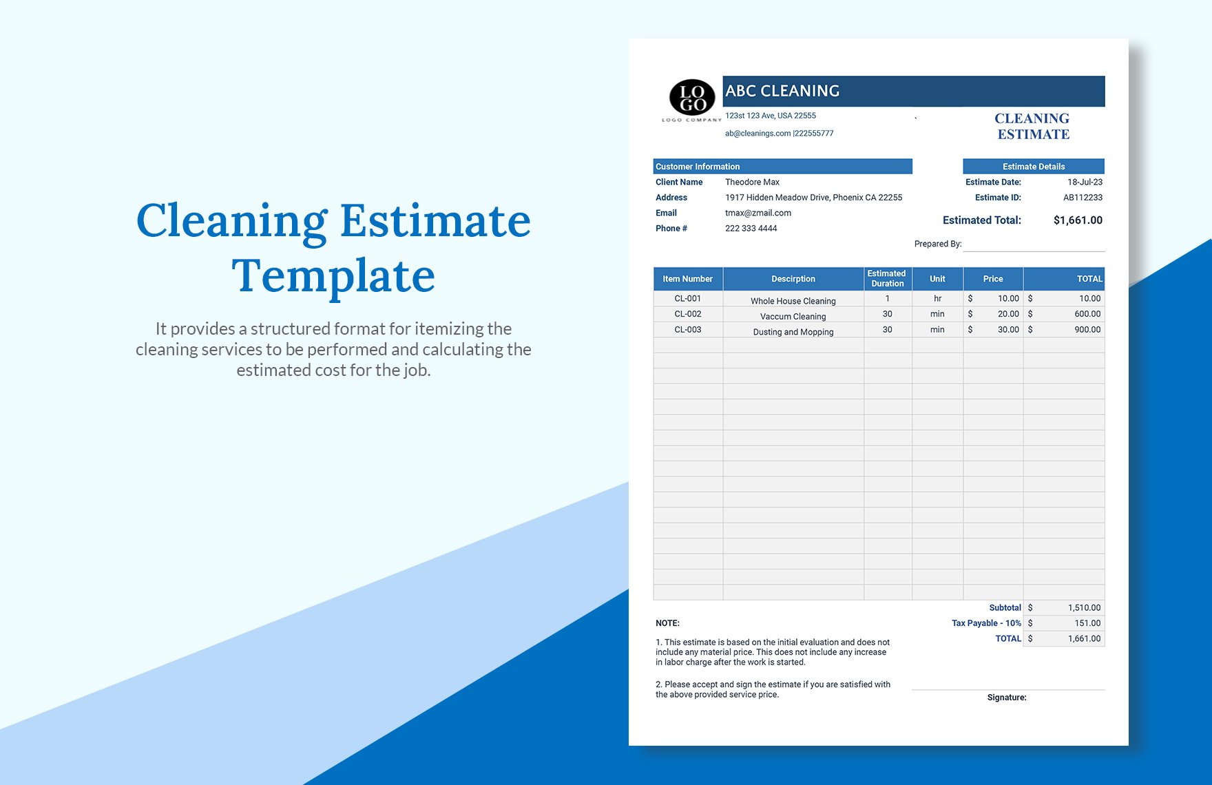 Cleaning Estimate Template in Excel, Google Sheets, Adobe XD