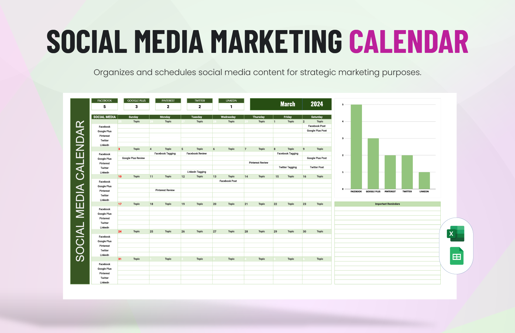 Social Media Marketing Calendar Template in MS Excel Google Sheets