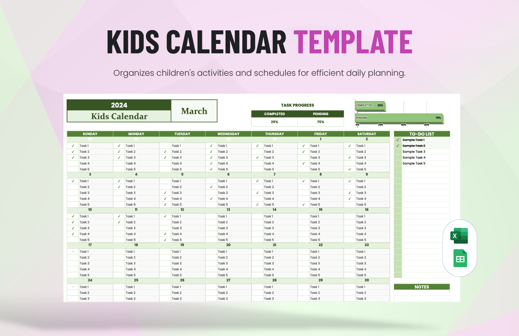 Free Kids Calendar Template in Excel, Google Sheets