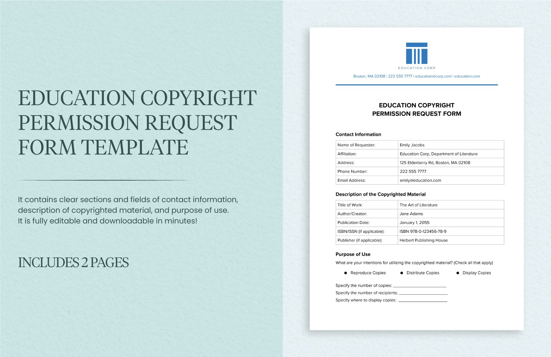Education Copyright Permission Request Form Template in Word, Google Docs, PDF