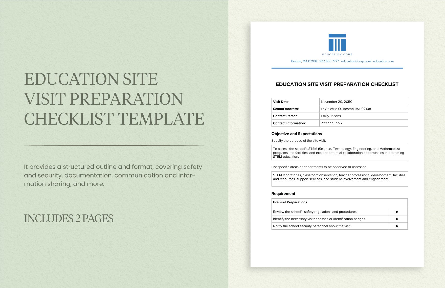 Education Site Visit Preparation Checklist Template in Word, Google Docs, PDF