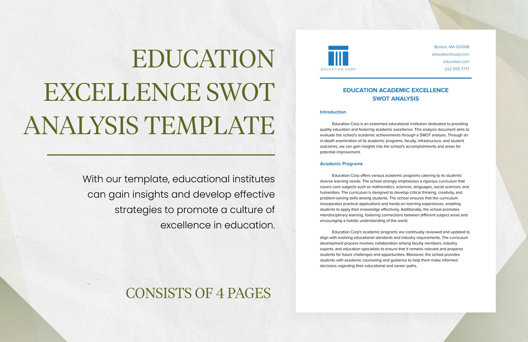 Education Academic Excellence SWOT Analysis Template
