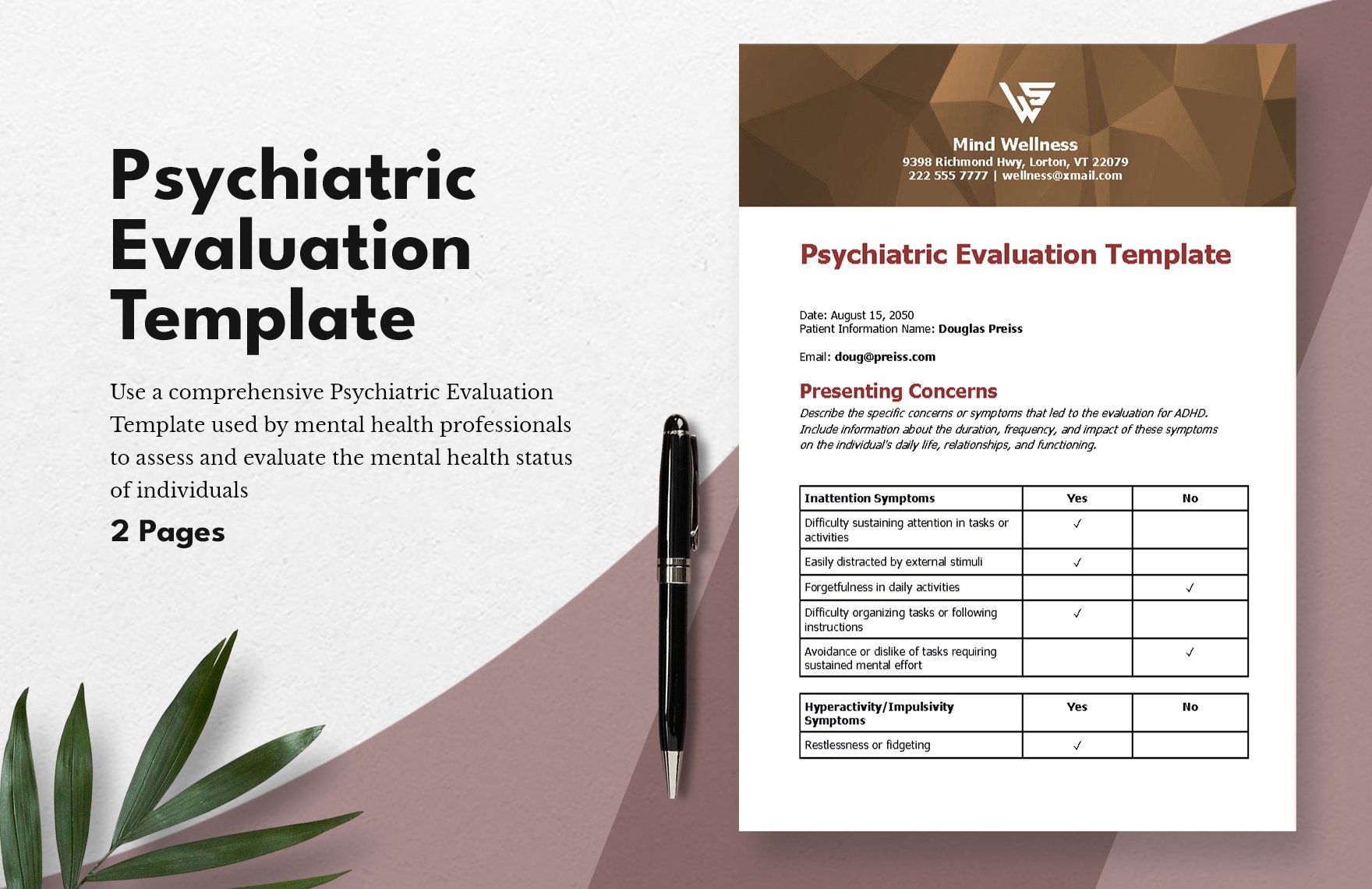 Psychiatric Evaluation template    in Word, Google Docs, PDF