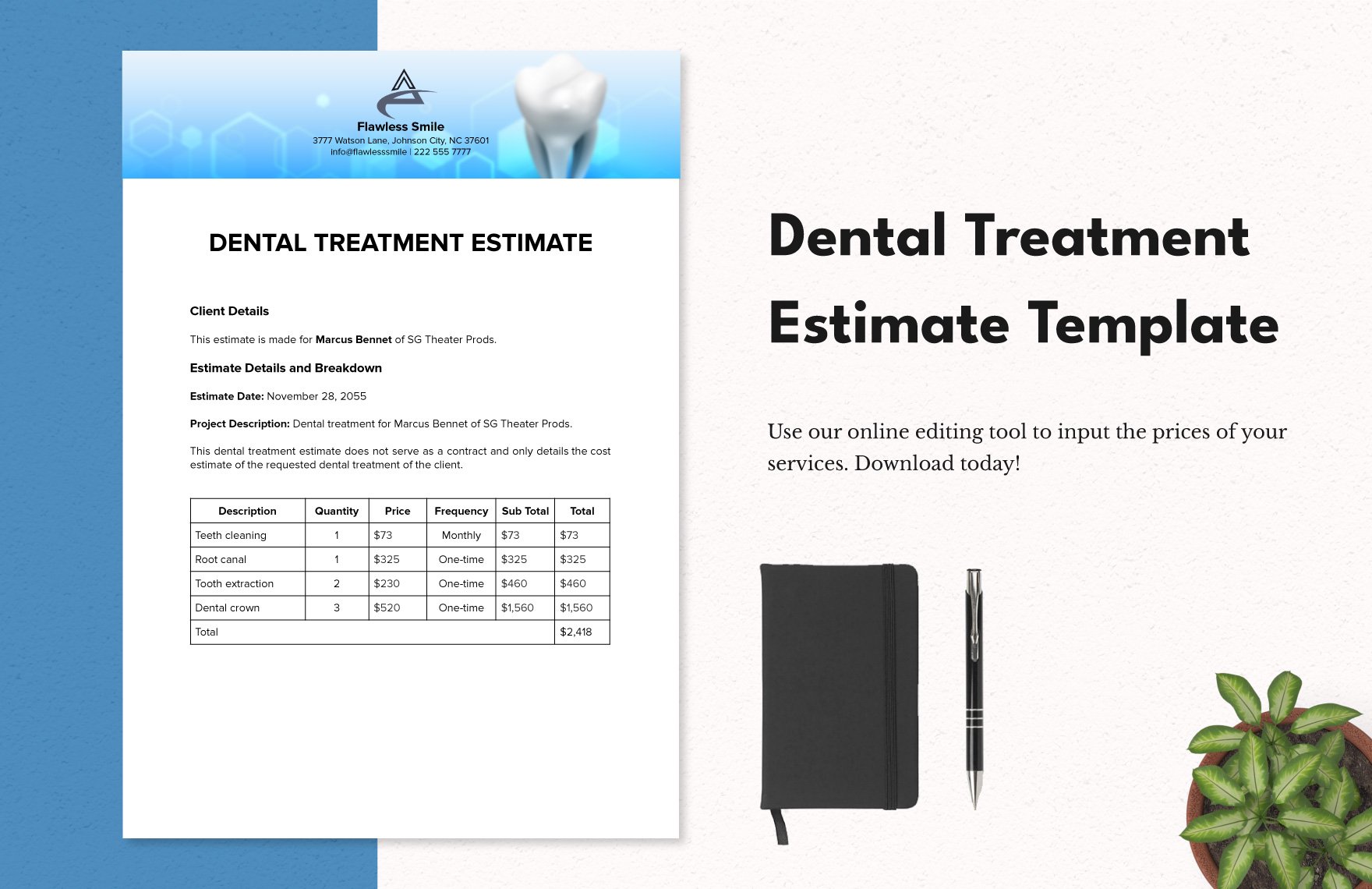 Dental Treatment Estimate Template in Word, Google Docs, PDF