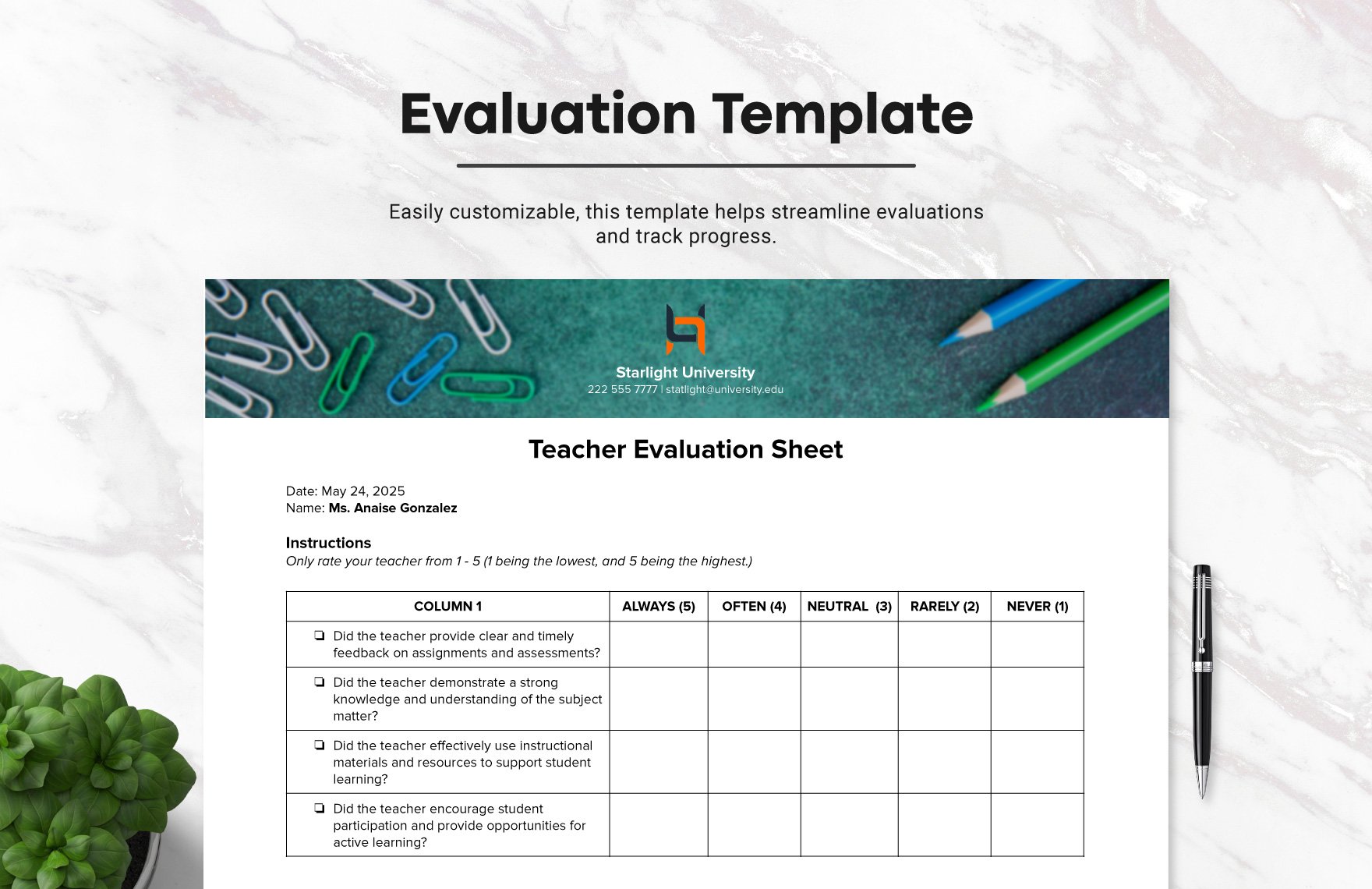 Evaluation Template in Word, Google Docs, PDF