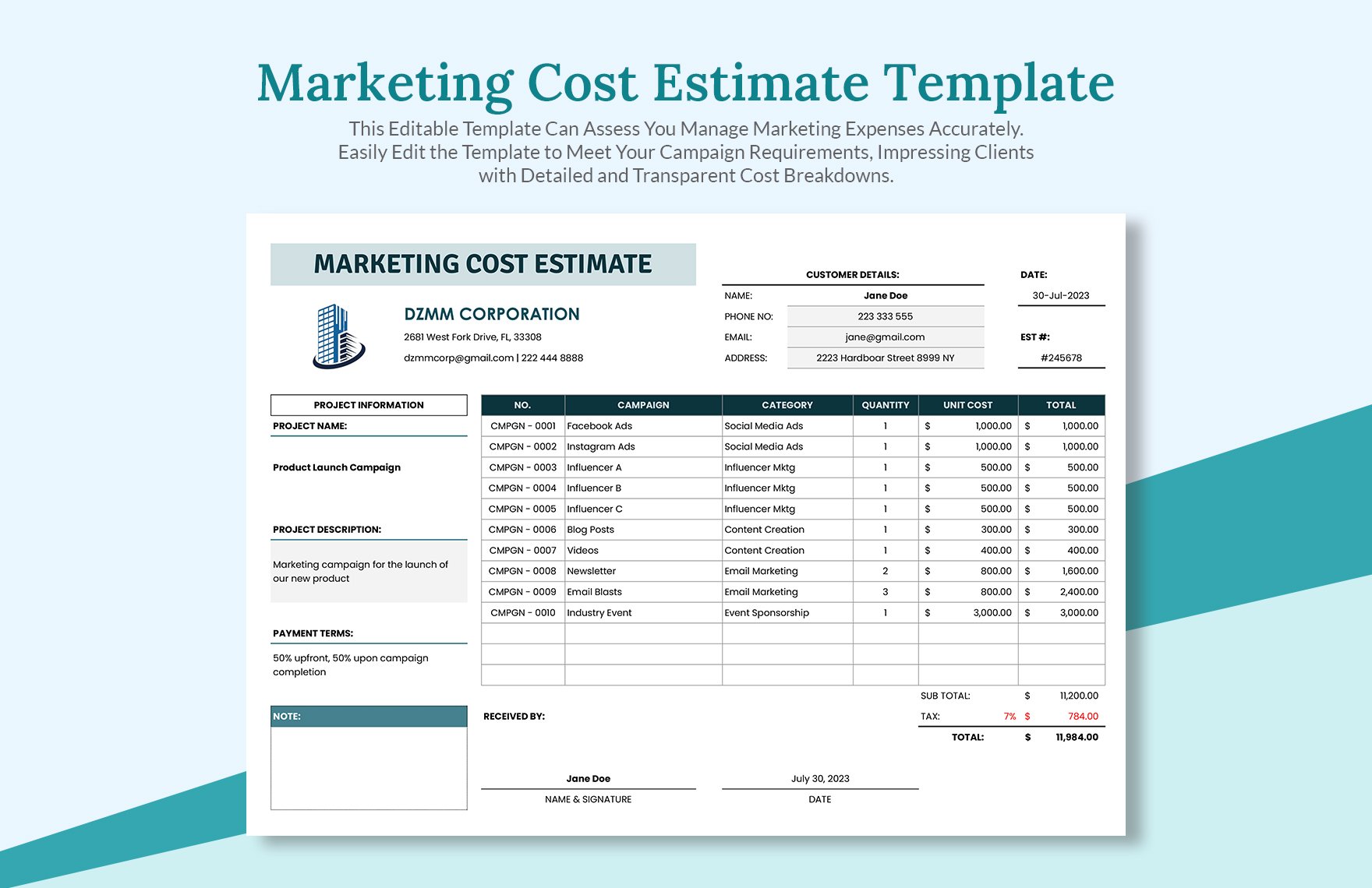 Marketing Cost Estimate Template