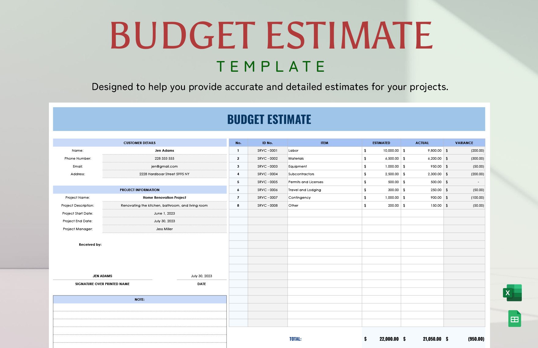 Budget Estimate Template