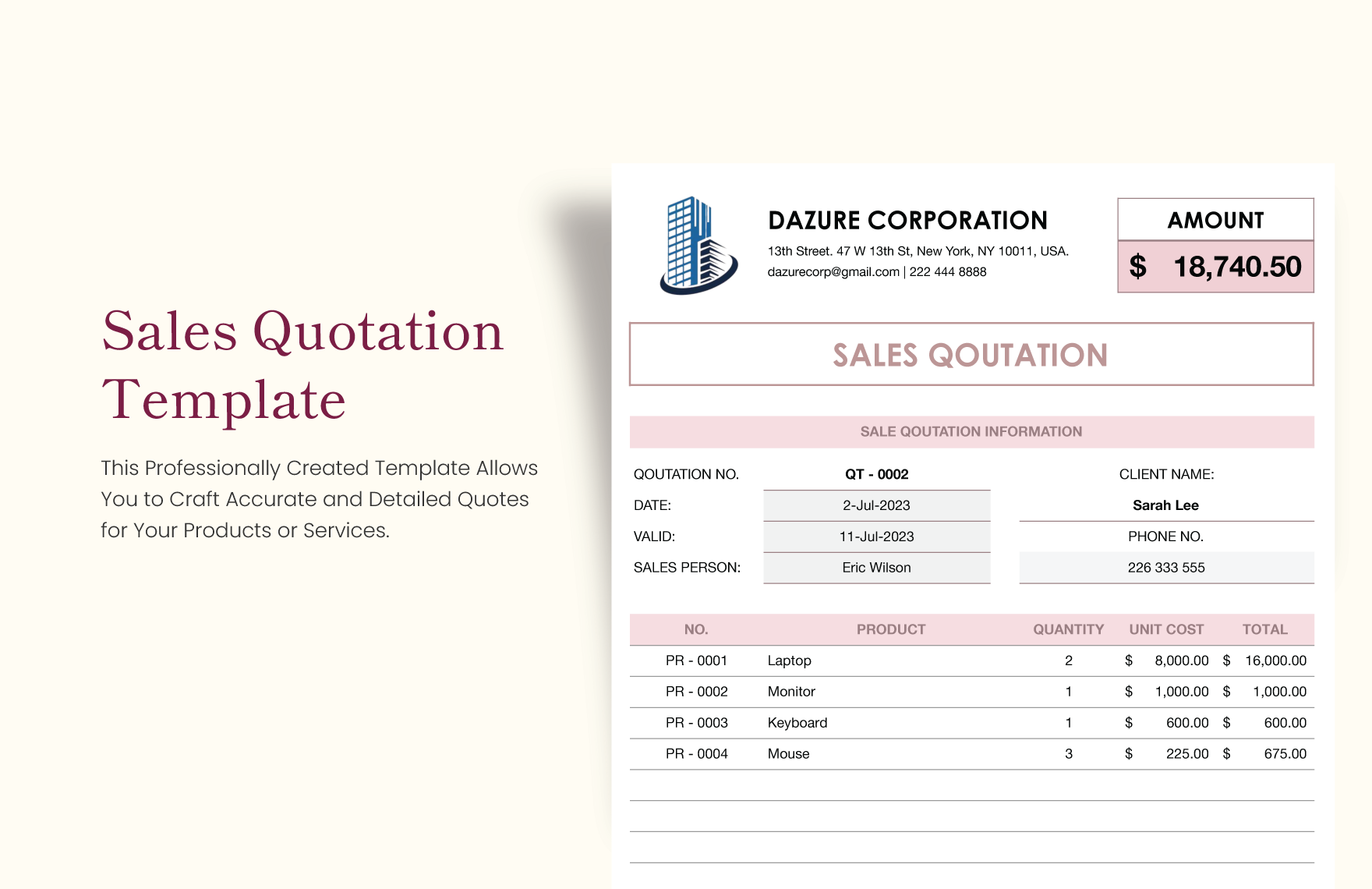 Sales Quotation Template in Excel, Google Sheets