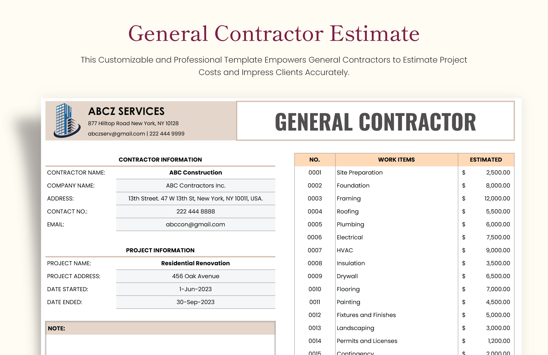 General Contractor Construction Cost Estimate Template Excel