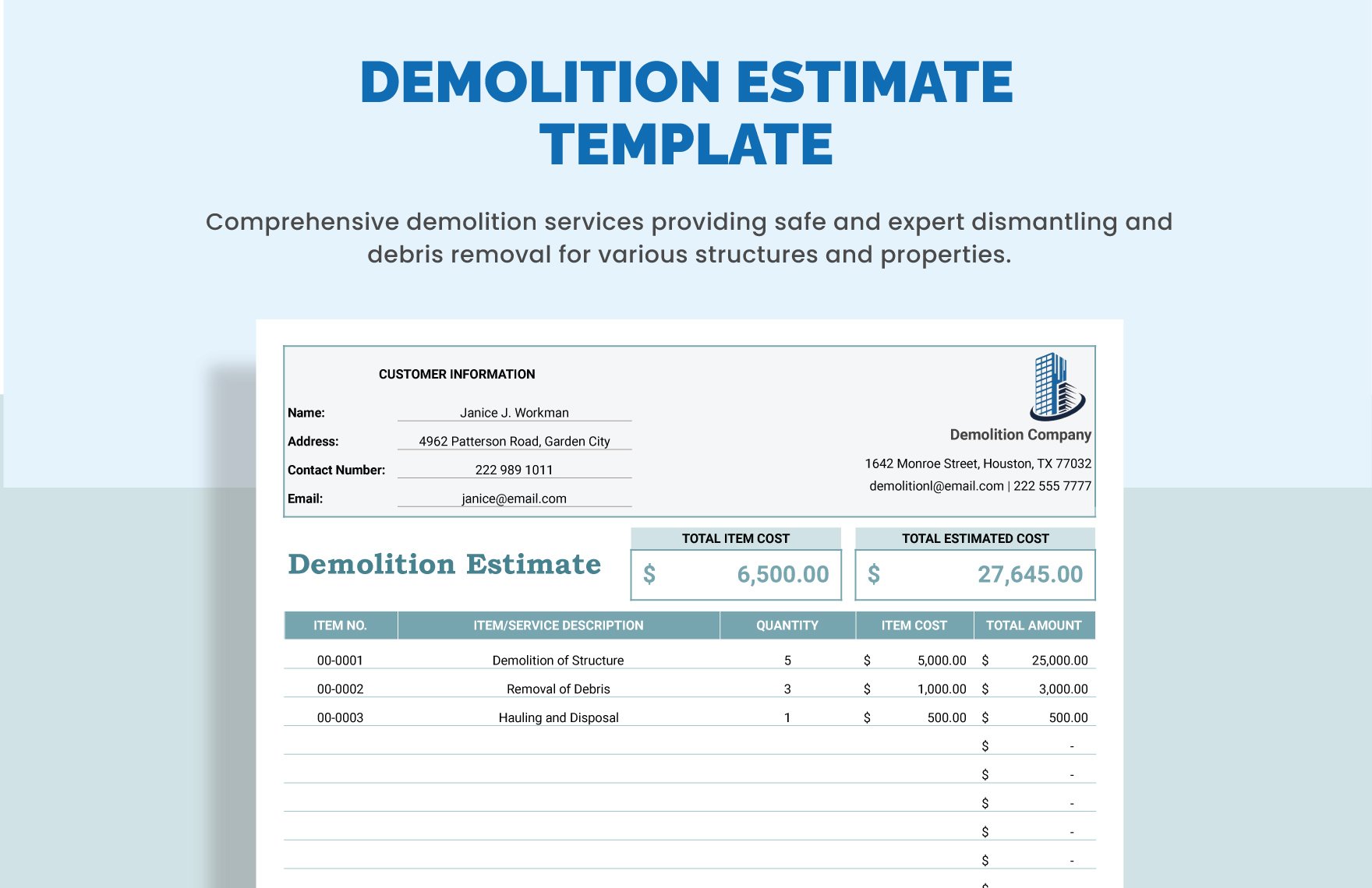 Demolition Estimate Template