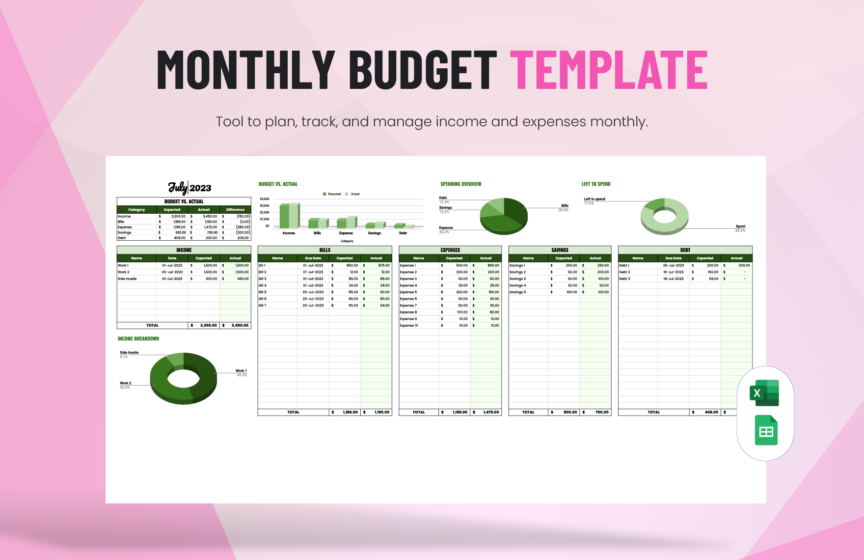 Monthly Budget Template in Excel, Google Sheets