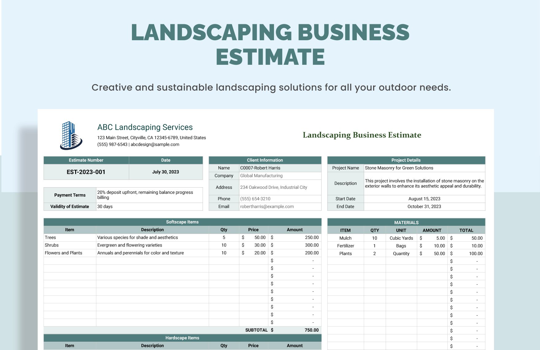 Free Landscaping Business Estimate Template