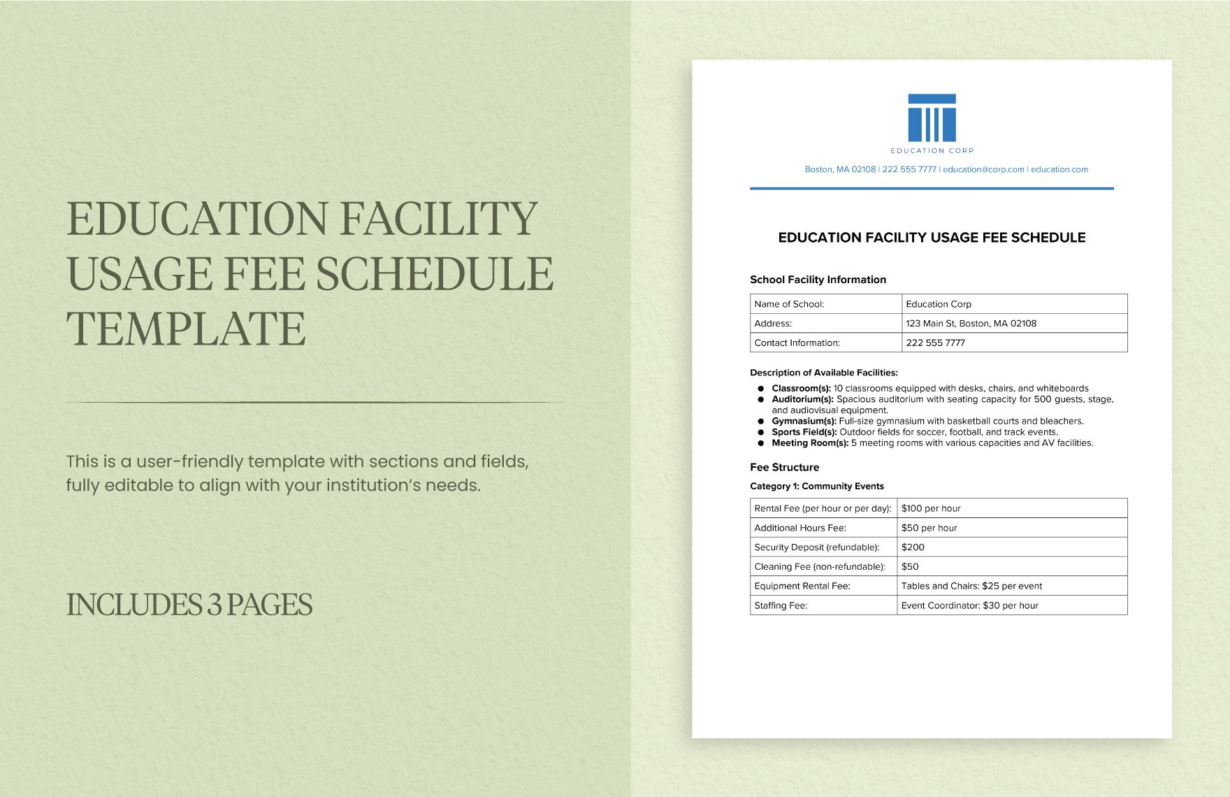 Education Facility Usage Fee Schedule Template in Word, Google Docs, PDF