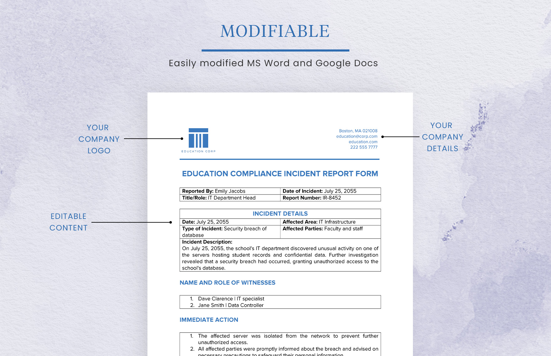 Education Compliance Incident Report Form Template