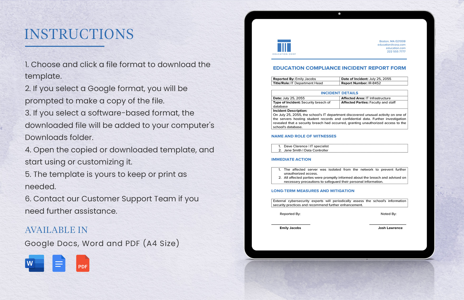 Education Compliance Incident Report Form Template